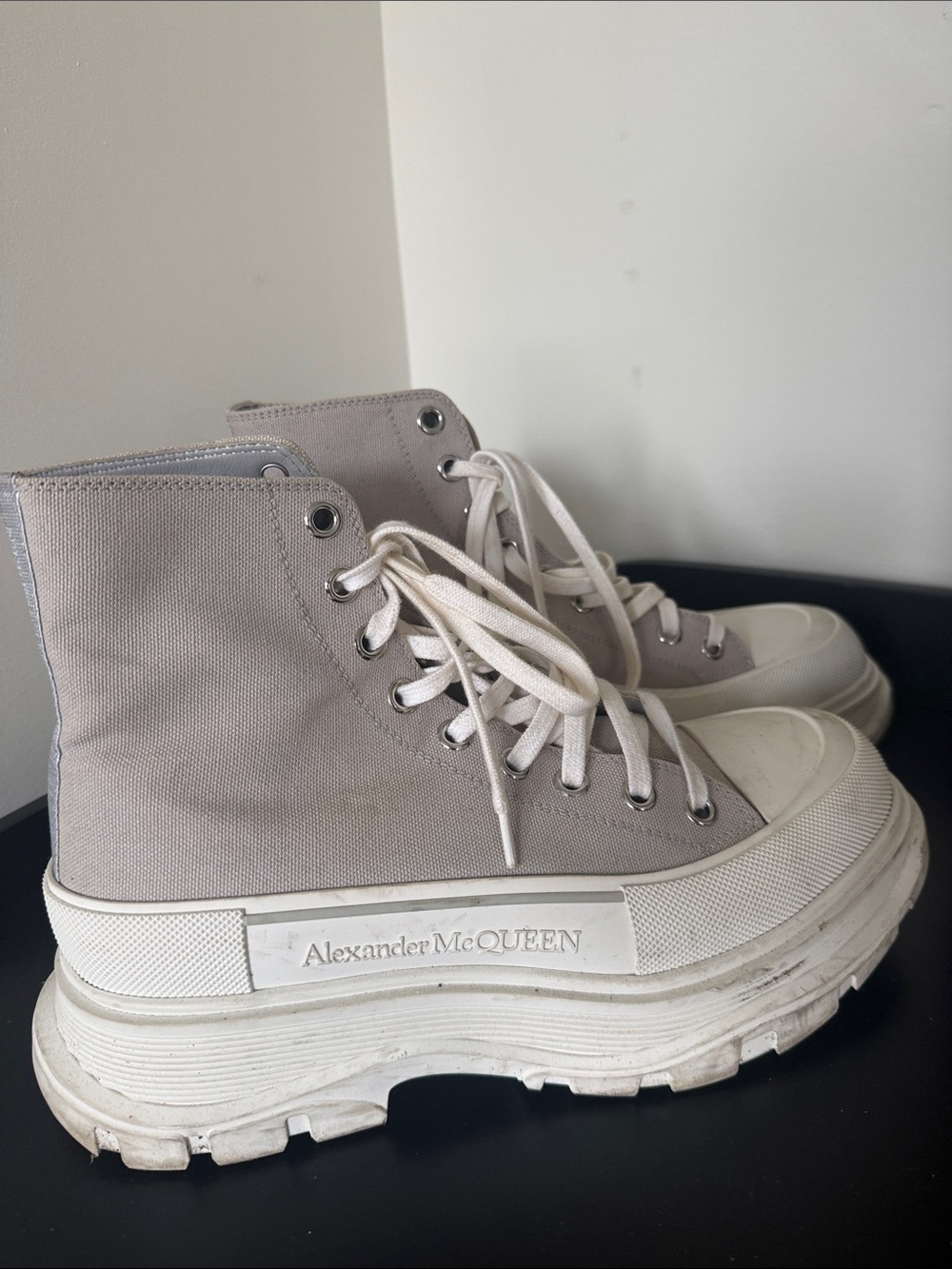 Alexander McQueen Taupe Canvas Lace-Up Platform Boots